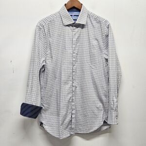 Michelsons London Button Up Checkered Long Sleeve Shirt Large White Navy Cotton